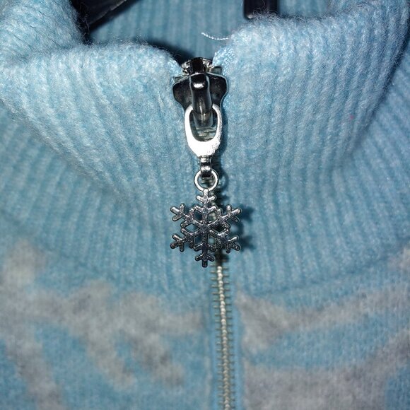 Loft Wool Blend Mock Neck 1/4 Zip Snowflakes Knit Pullover Sweater Size L Blue - Picture 3 of 8